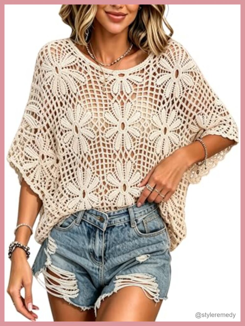 Crochet Tops for Women Boho Dolman 3/4 Sleeve Beach Cover Up
